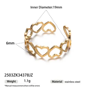 Detailed view of gold stainless steel heart ring with 19mm inner diameter and 6mm width