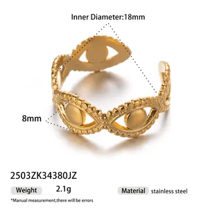 Close-up detail of a gold stainless steel adjustable evil eye ring with measurement specs