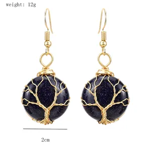 Orecchini fatti a mano albero della vita con pietra blu, misura 2cm e peso di 12g.