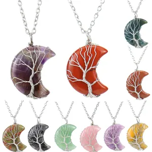 Collier Pendentif Arbre de Vie Lune Enroulement de Fil Fait à la Main Pierre Naturelle Cristal Synthétique Bijoux Bohème