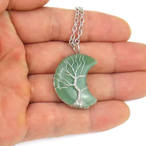 Collier pendentif arbre de vie fait main avec pierre naturelle lune verte et fil