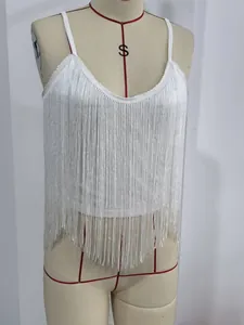 Detailed macro view of sexy white fringe camisole showing silky tassel texture and fine straps