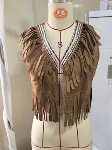 Front view detail of a brown faux suede fringed vest with embroidery on mannequin