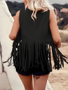 Back detail of a black sleeveless fringe vest featuring long retro bohemian tassels.