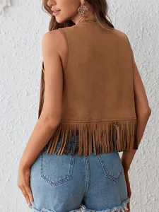 Detailed back view of a brown faux suede hippie vest featuring long fringe tassels