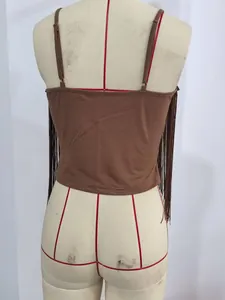 Back view of brown sexy fringe tank top with thin straps on mannequin