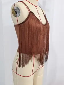 Detail view of the dense brown fringes and V-neckline of this sexy camisole top.