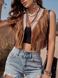 Women Vintage Hippie Fringed Vest Polyester Tassel Sleeveless Open Front Short Cardigan Jacket Ethnic Embroidery Boho Top