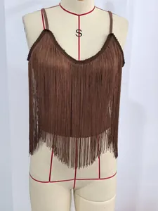 Brown sexy fringe camisole tank top for women featuring long tassels and slim straps
