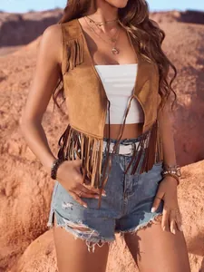 Stylish women's brown suede fringe vest featuring a bohemian open front and tassel details.