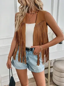 Gilet da donna con frange in finta pelle scamosciata marrone con borchie stile hippie