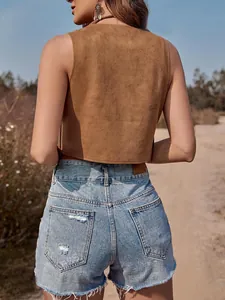 Bohemian style women's vintage brown fringe suede vest shown from the back view
