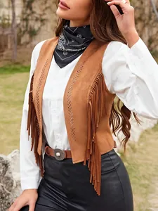 Women's western hippie style suede fringe vest with long tassels for bohemian fashion