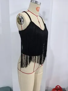 Detailed side view of a black sexy fringe camisole tank top shown on a mannequin
