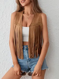 Women's brown suede fringe vest with studs, boho hippie style sleeveless cardigan
