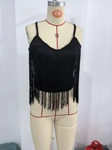Close-up of a sexy black fringe camisole with long tassels on a mannequin top