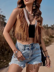 Bohemian women's sleeveless brown fringe vest hippie style cropped retro suede waistcoat