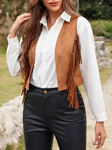 Western style faux suede fringed vest for women with bohemian hippie cowboy details