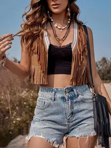 Vintage sleeveless brown suede fringe vest with bohemian embroidery for hippie women