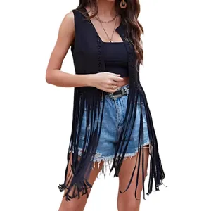 Gilet noir à franges pour femmes style western bohémien avec des détails ajourés chics