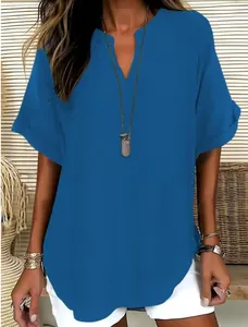Women casual blue V-neck short sleeve blouse with a loose fit and curved hem.