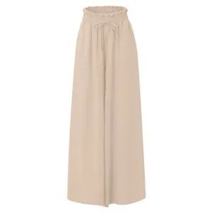 Close-up detail of high-waisted wide-leg trousers with elastic waistband and drawstring.