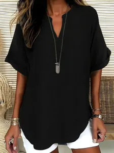 Women's chic black V-neck short sleeve blouse featuring a relaxed fit for casual wear