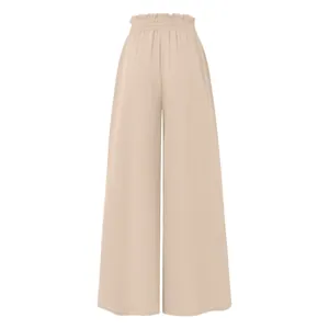 Back view of beige high-waisted wide-leg trousers with elastic waistband