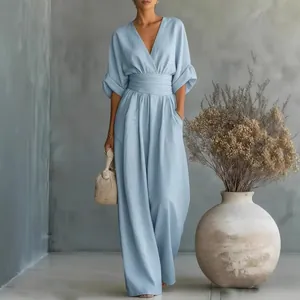 Women Elegant V-Neck Pleated High Waist Jumpsuit Wide Leg Solid Color Short Sleeve Fashion Jumpsuit for Party Casual Wear