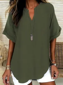 Women's olive green V-neck short sleeve blouse with relaxed fit design