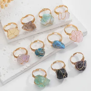 Natural Stone Wire Wrapped Ring For Women Men Adjustable Open Ring Gold Tone Alloy Healing Crystal Irregular Stone Finger Jewelry