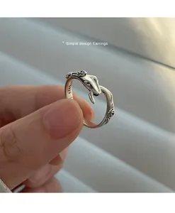 Vintage silver snake ring with rose detail, S925 sterling silver adjustable open band