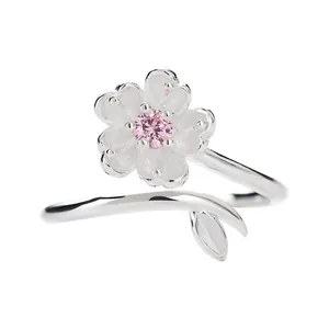 Elegante anello regolabile in argento 925 a forma di ciliegio con pietra rosa e foglia