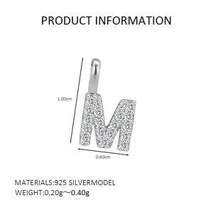 Macro view and dimensions of the S925 sterling silver letter M pendant with zircon stones