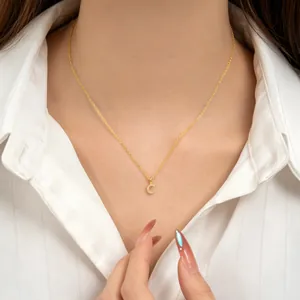 Elegant S925 sterling silver necklace with sparkling letter C pendant on a female model.