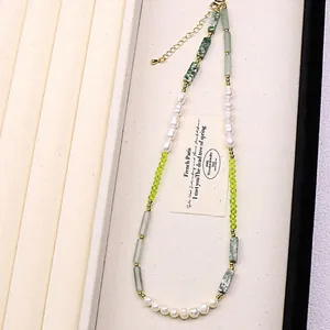 Natural Freshwater Pearl Necklace Splicing Emerald Green Crystal Stone Beaded Necklace Light Luxury Elegant Jewelry For Women