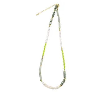 Natural pearl necklace with asymmetrical green stones and crystal beads in New Chinese style.