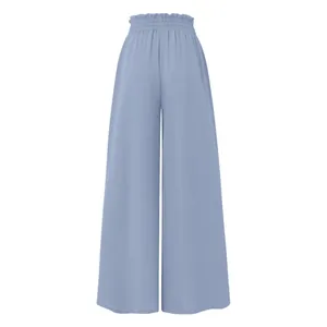 Detailed back view of light blue wide-leg pants with elastic ruffled high waistband.