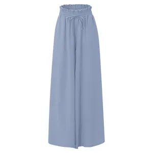 Elegant light blue high waisted wide leg trousers with ruffled drawstring waistband details