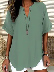 Casual women's V-neck short sleeve blouse in sage green cotton linen fabric texture