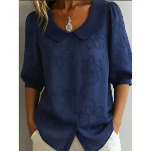 Women Retro Floral Printed Top Peter Pan Collar Puff Half Sleeve Polyester Blouse Casual Button Down Loose Shirt