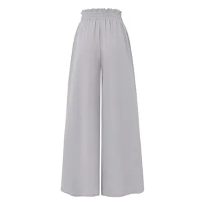 Back view of high-waisted grey wide-leg trousers with elasticated ruffle waistband