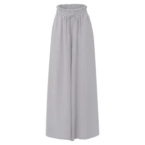 Front view of light grey high-waisted wide-leg trousers with elastic drawstring waist.