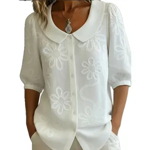 Vintage white short-sleeve shirt with Peter Pan collar and large floral prints for summer