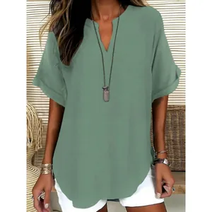 Casual women's V-neck short sleeve blouse in sage green textured linen-like fabric
