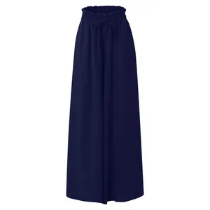 Stylish navy blue high-waisted wide-leg trousers with elastic drawstring waistband for women