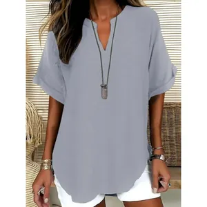 Elegant women's V-neck short sleeve blouse in grey, perfect for casual spring fashion wear