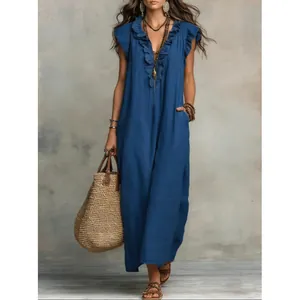 Bohemien blaues Maxikleid mit Rüschenärmeln, V-Ausschnitt und Taschen für den Sommer