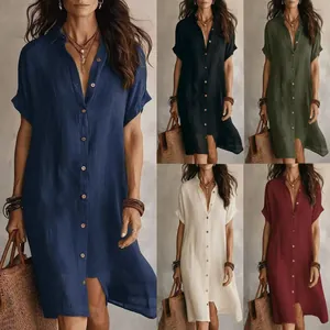 Damen Casual Baumwollleinen Hemdkleid Kurzarm Knopfleiste Midikleid Einfarbig Elegant Gerade Passform Sommerkleid