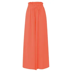 Close-up front view of vibrant coral high-waisted wide-leg trousers with drawstring waist.